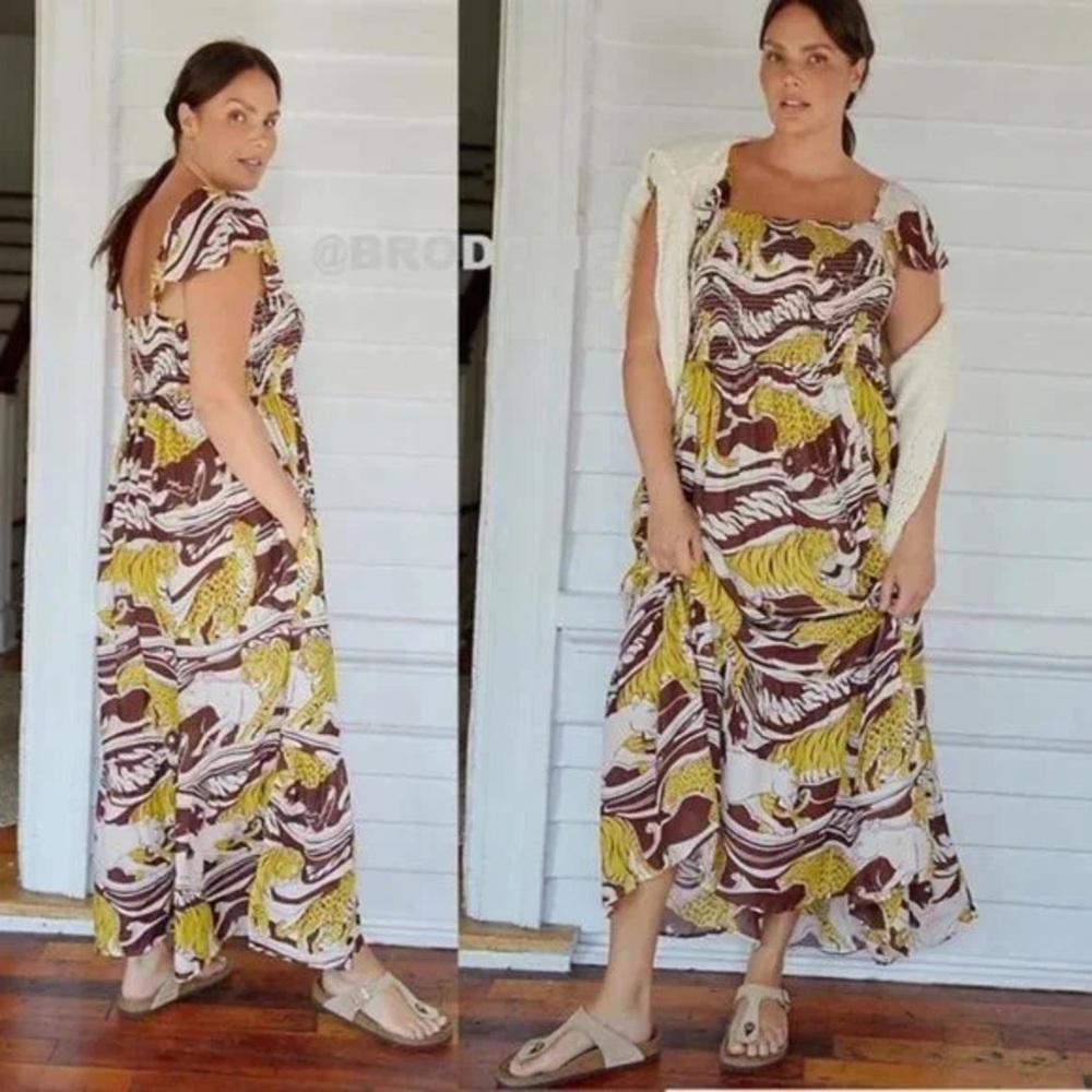 Anthropologie Ruffled Maxi Dress Yellow and Brown Animal Safari Print Size XL